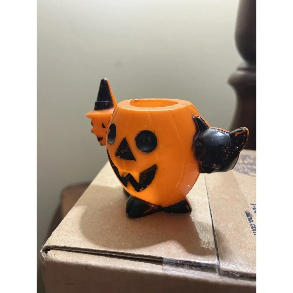 Vtg 1950's Rosbro Halloween Plastic Candy Container Witch JOL & 15 Cake  Toppers